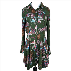 Jaase Rihana Shirt Dress L Green Boho Festival Feather Floral Paisley Bell New